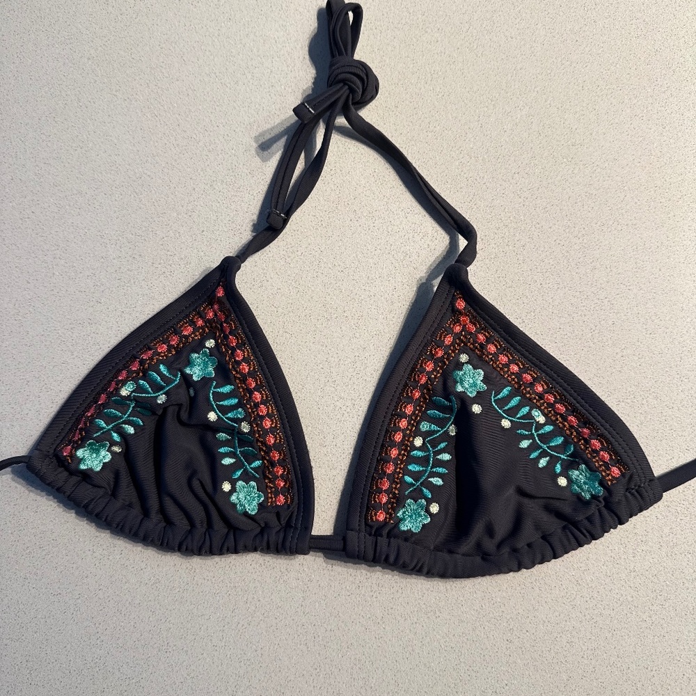 Embroidered Floral Design Brown Triangle Bikini Top XS Micro Bikini Tie Top